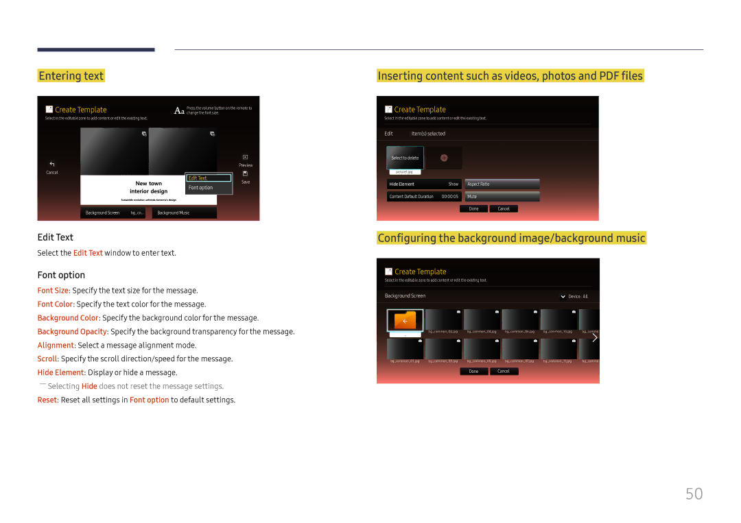 Samsung LH025ISFNAS/ZA manual Entering text, Configuring the background image/background music, Edit Text, Font option 