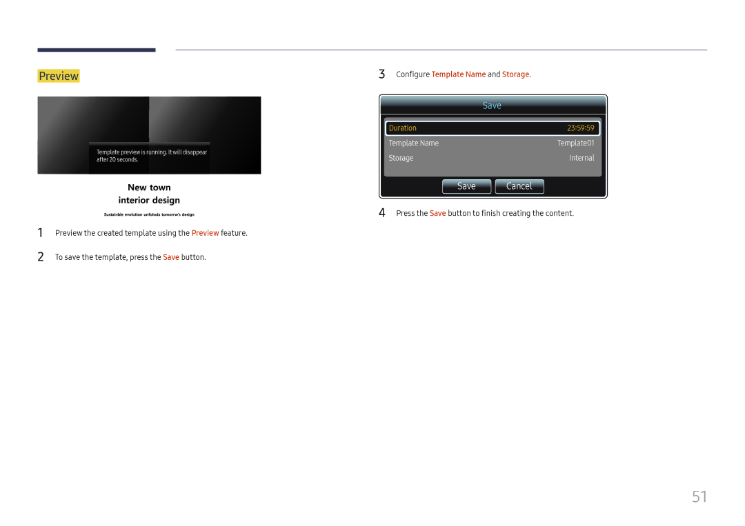 Samsung LH025ISFNAS/ZA manual Preview, Configure Template Name and Storage 