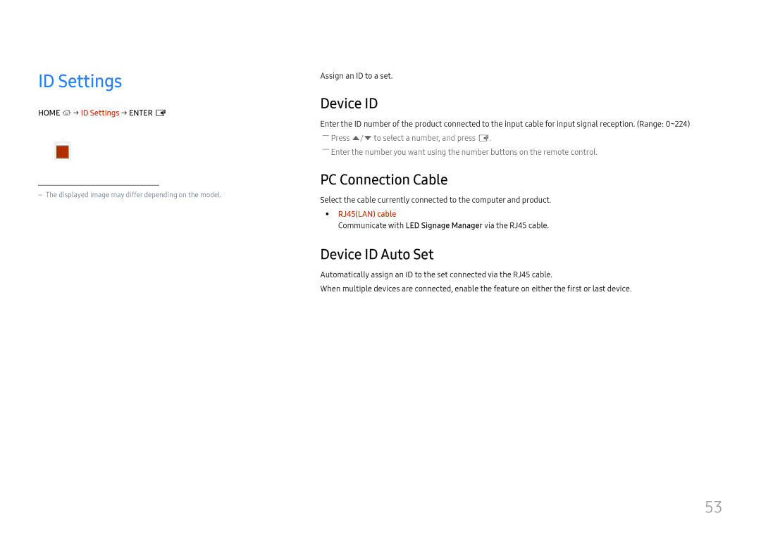 Samsung LH025ISFNAS/ZA manual ID Settings, PC Connection Cable, Device ID Auto Set, RJ45LAN cable 