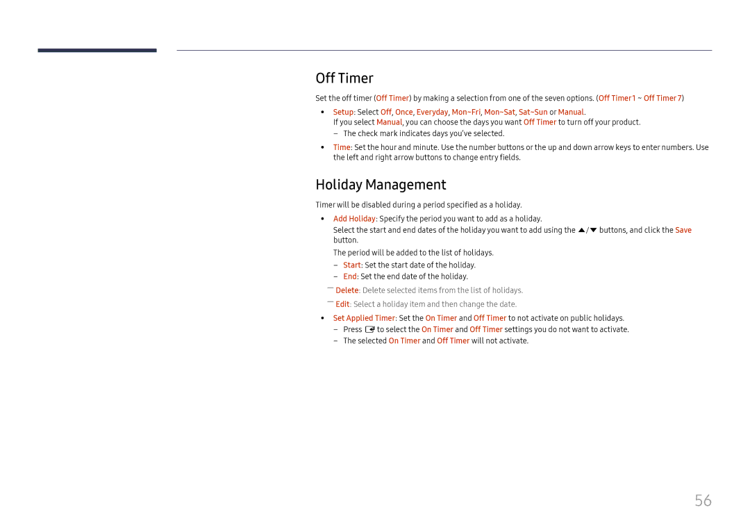 Samsung LH025ISFNAS/ZA manual Off Timer, Holiday Management 