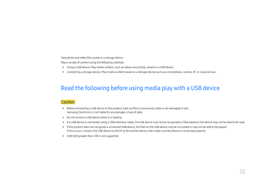 Samsung LH025ISFNAS/ZA Playing photos and videos Media Play, Read the following before using media play with a USB device 