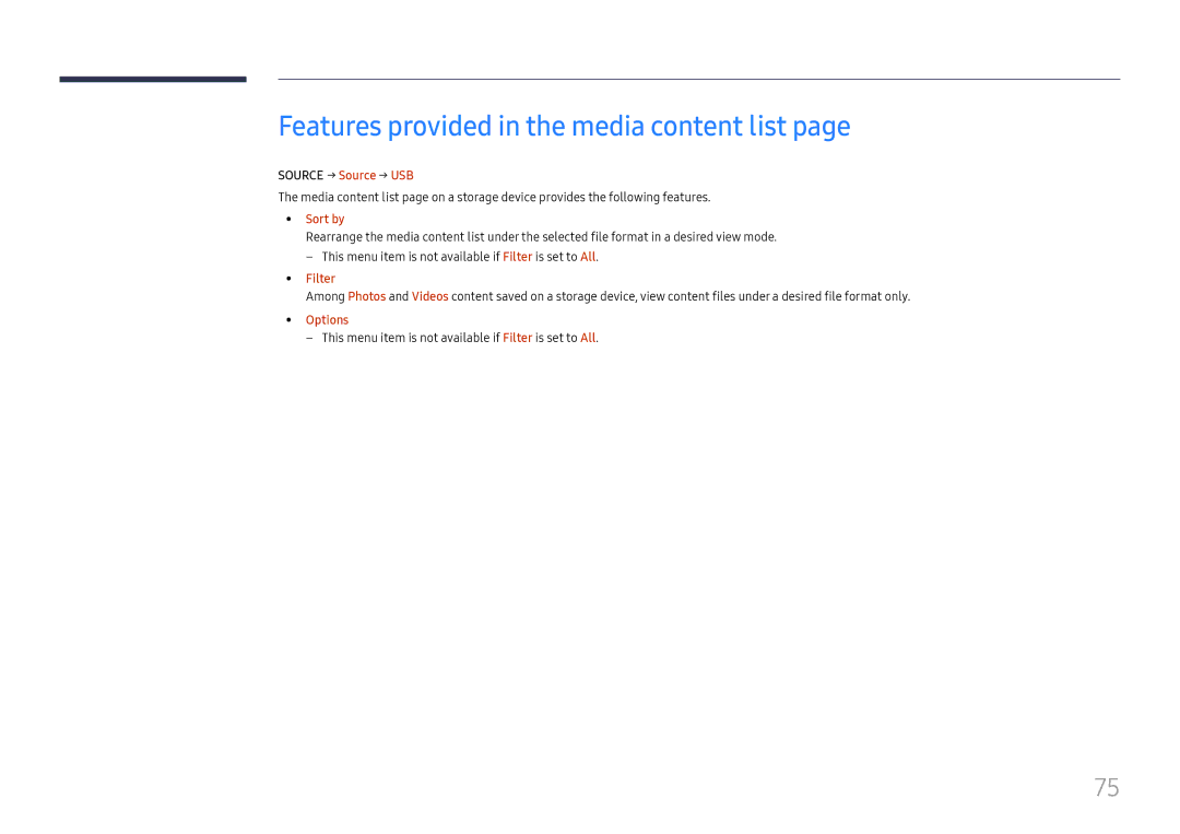 Samsung LH025ISFNAS/ZA manual Features provided in the media content list, Source → Source → USB, Filter 