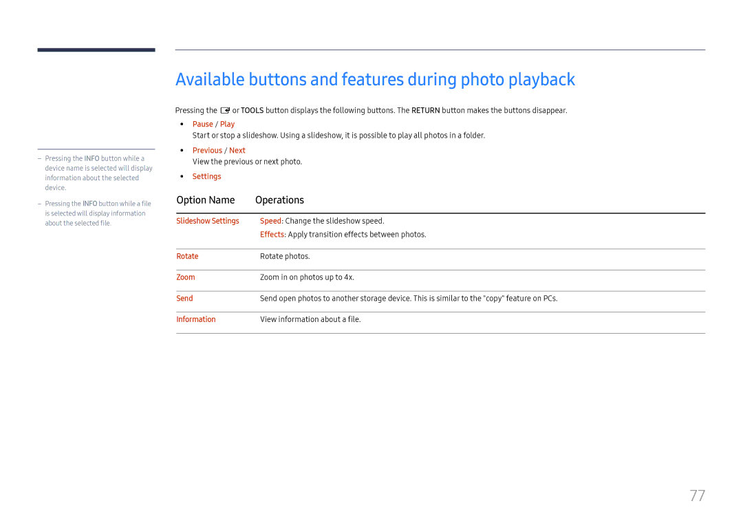 Samsung LH025ISFNAS/ZA manual Available buttons and features during photo playback 