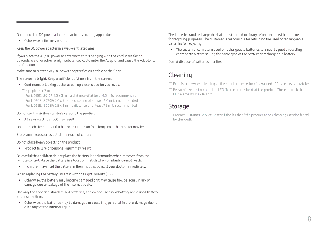 Samsung LH025ISFNAS/ZA manual Cleaning, Storage 