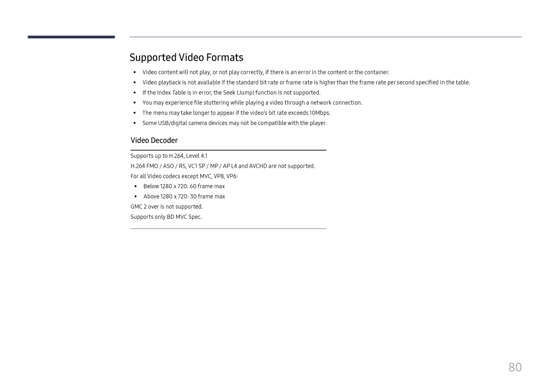 Samsung LH025ISFNAS/ZA manual Supported Video Formats, Video Decoder 