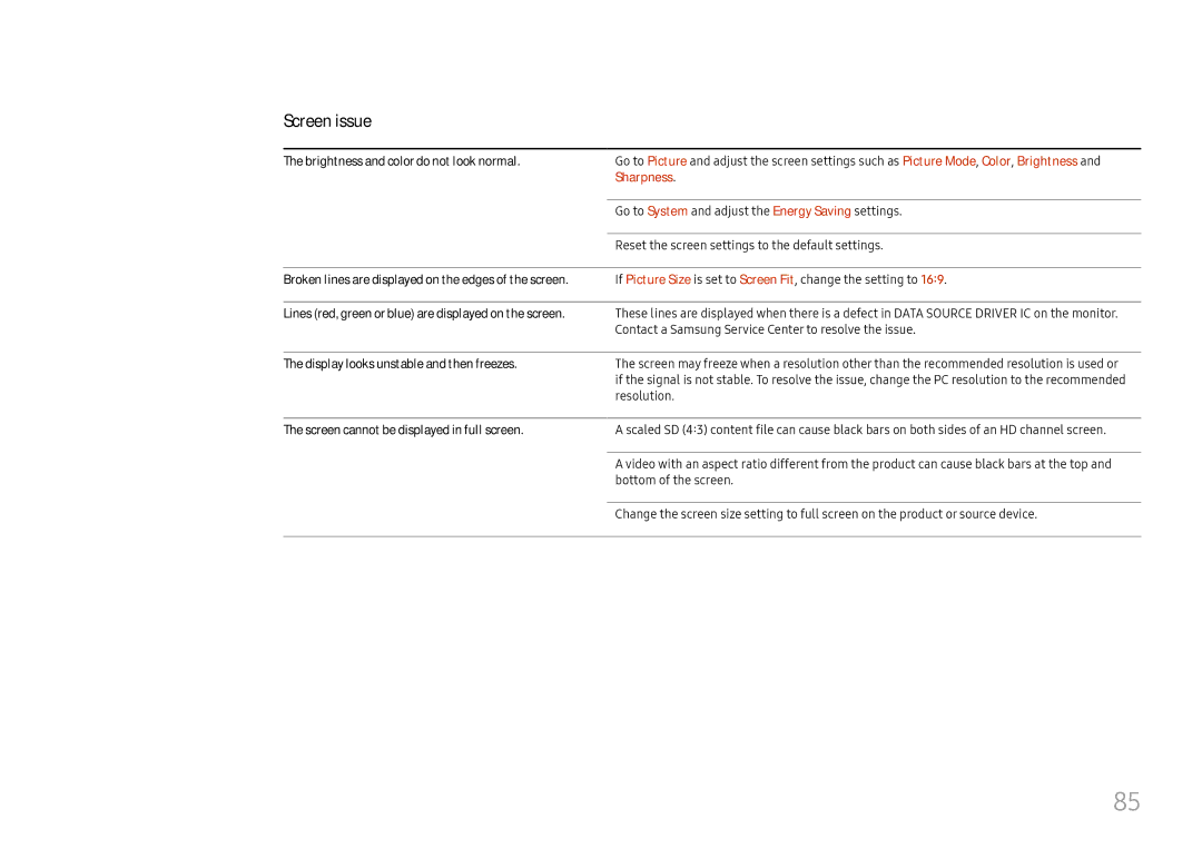 Samsung LH025ISFNAS/ZA manual Brightness and color do not look normal, Sharpness, Display looks unstable and then freezes 