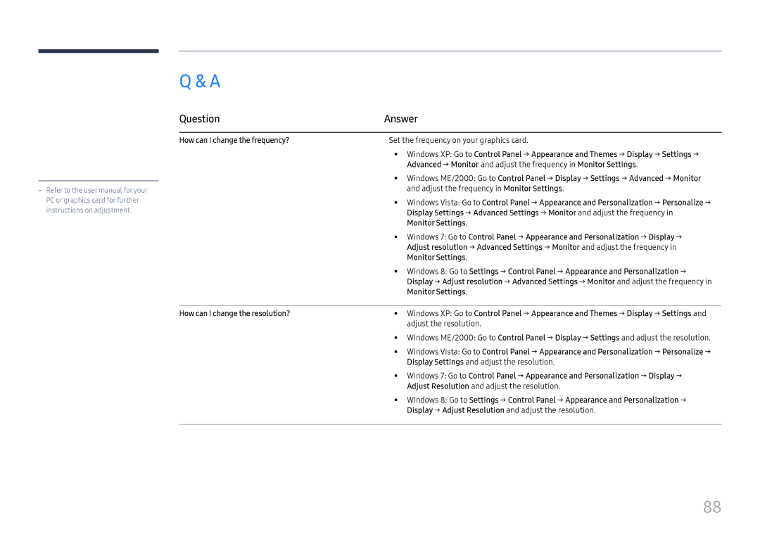 Samsung LH025ISFNAS/ZA manual Question Answer, How can I change the frequency?, Monitor Settings 