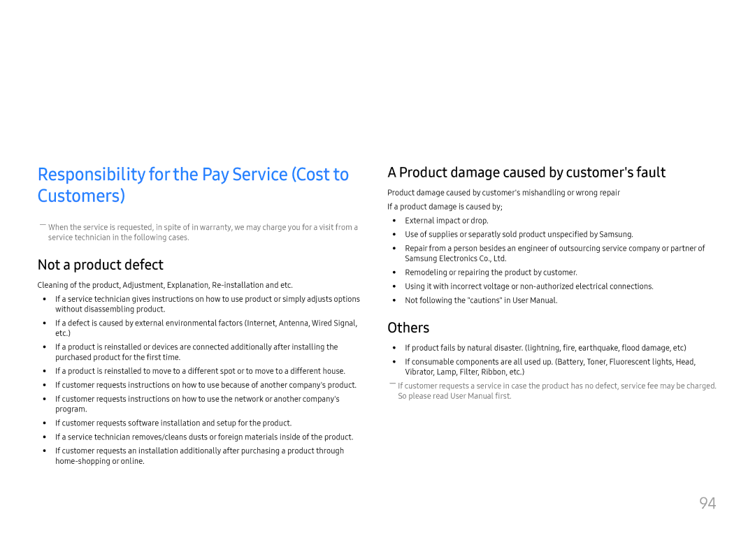 Samsung LH025ISFNAS/ZA manual Appendix, Responsibility for the Pay Service Cost to Customers, Not a product defect, Others 