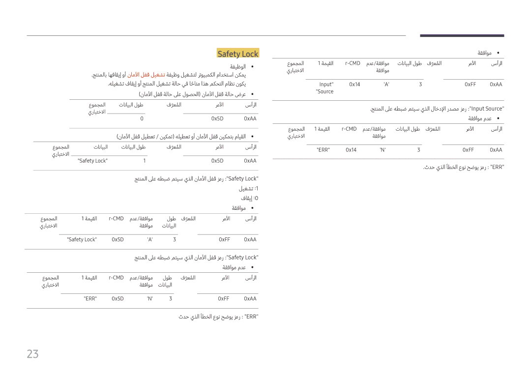 Samsung LH015IFHTAS/UE, LH060IFHSDS/UE, SBB-SNOWH3U/UE manual Safety Lock, ثدح يذلا أطخلا عون حضوي زمر Err ةقفاوم 