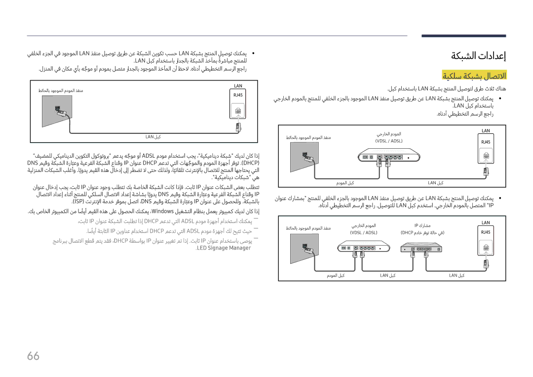 Samsung LH060IFHSDS/UE, SBB-SNOWH3U/UE, LH015IFHTAS/UE manual ةكبشلا تادادعإ, ةيكلس ةكبشب لاصتلاا 