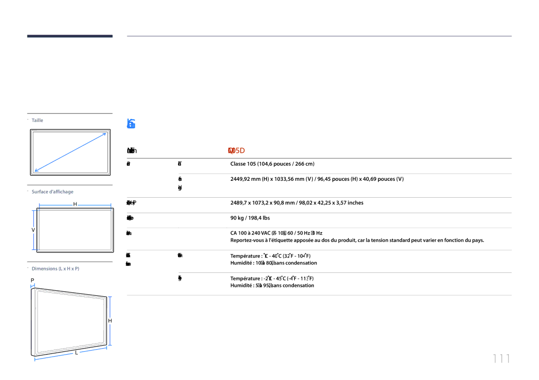 Samsung LH105QMDNC/EN manual Caractéristiques techniques, 111 