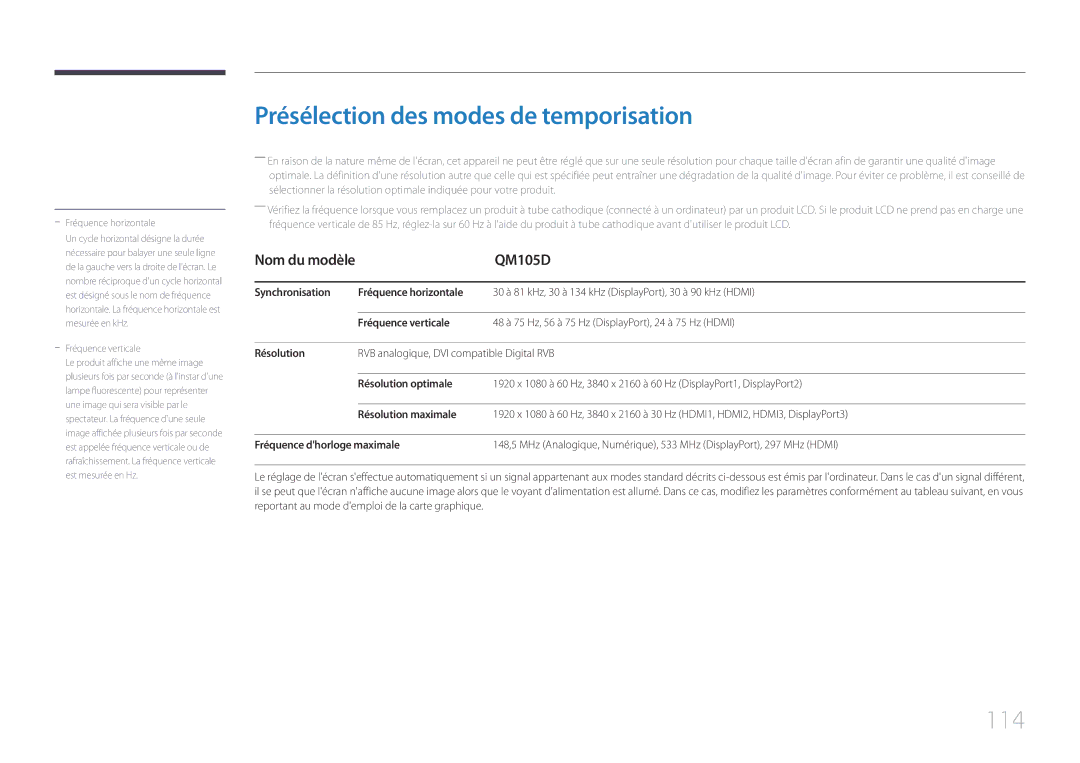 Samsung LH105QMDNC/EN manual Présélection des modes de temporisation, 114, QM105D 