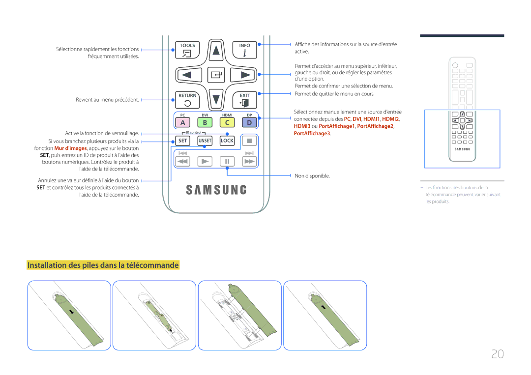 Samsung LH105QMDNC/EN manual Installation des piles dans la télécommande, Fréquemment utilisées, Laide de la télécommande 