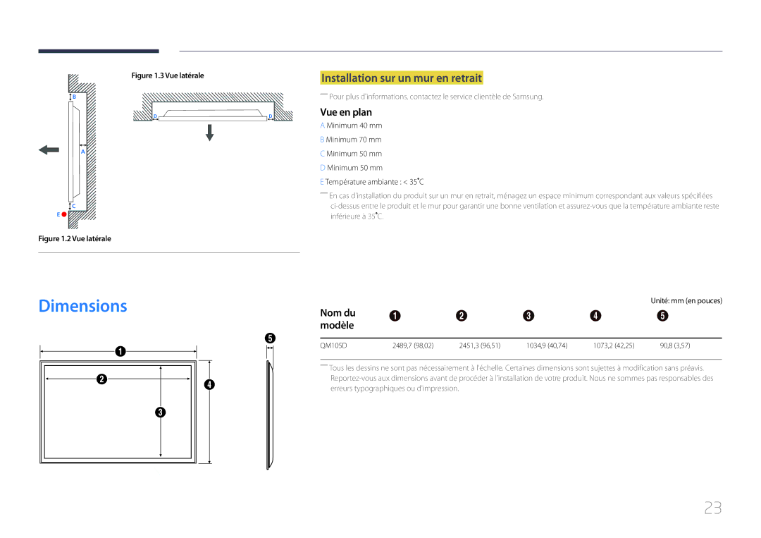 Samsung LH105QMDNC/EN manual Dimensions, Installation sur un mur en retrait, Vue en plan, Nom du Modèle 