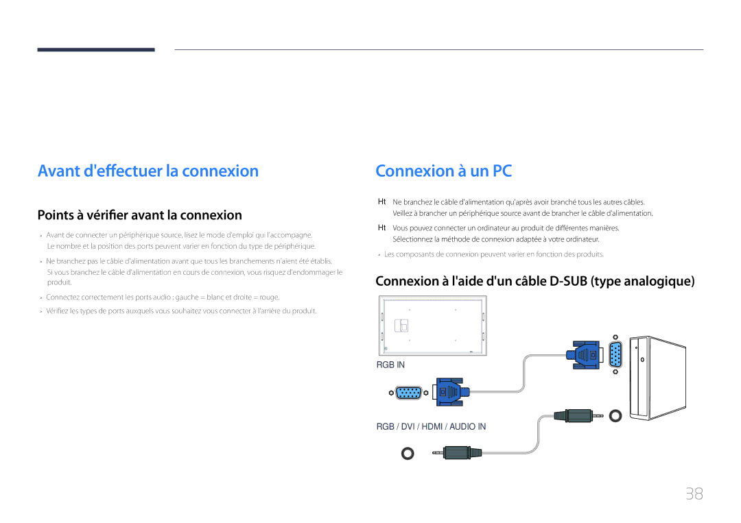 Samsung LH105QMDNC/EN Connexion et utilisation dun périphérique source, Avant deffectuer la connexion, Connexion à un PC 