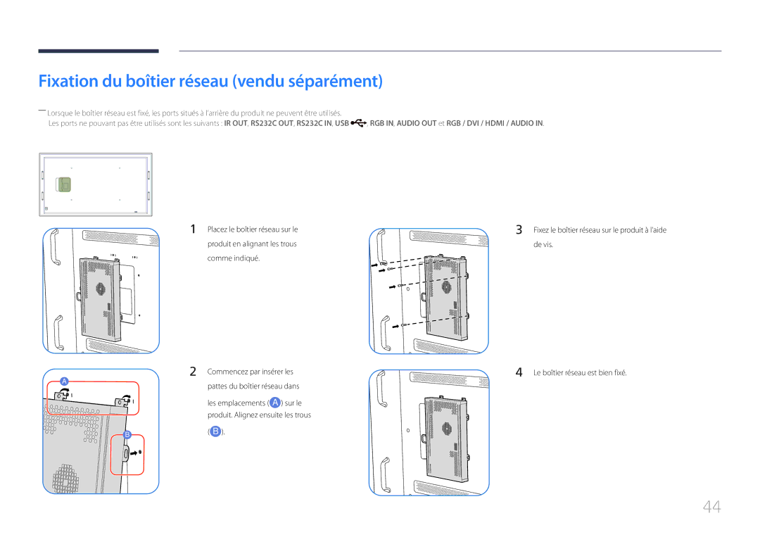 Samsung LH105QMDNC/EN manual Fixation du boîtier réseau vendu séparément, Placez le boîtier réseau sur le 