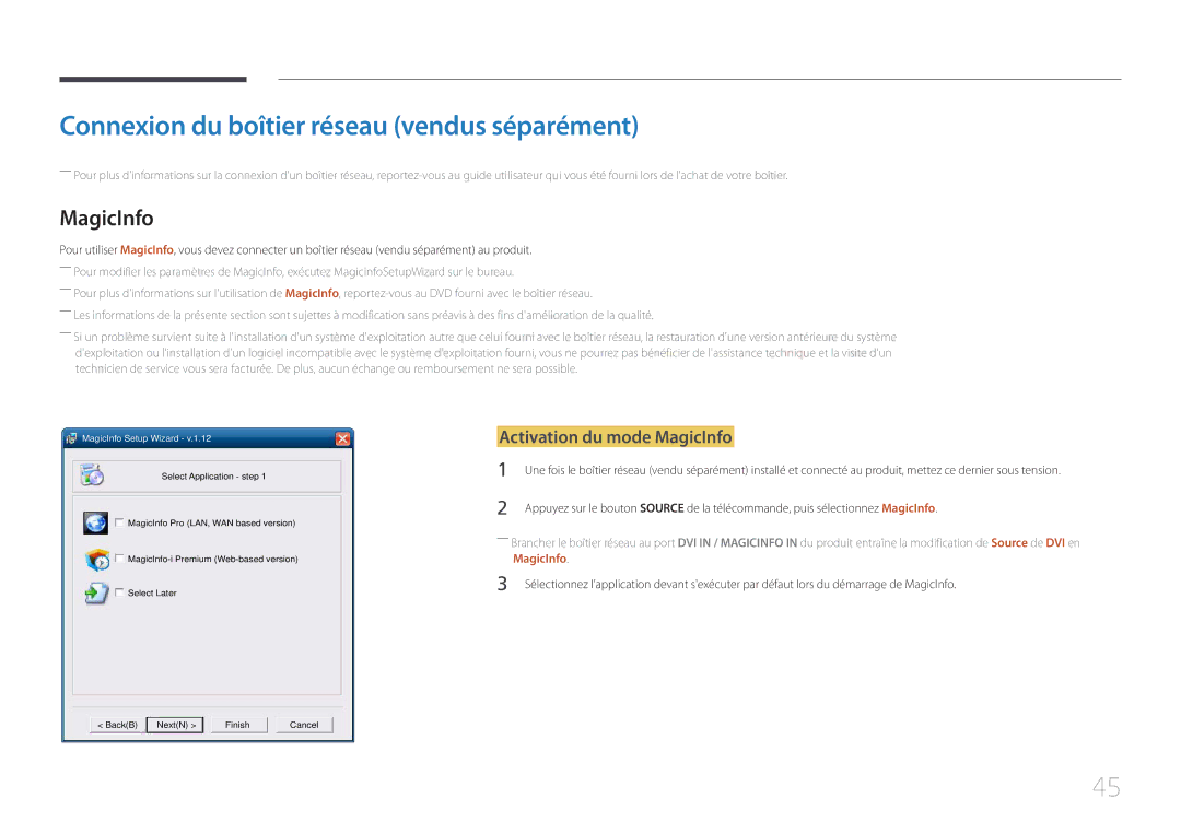 Samsung LH105QMDNC/EN manual Connexion du boîtier réseau vendus séparément, Activation du mode MagicInfo 