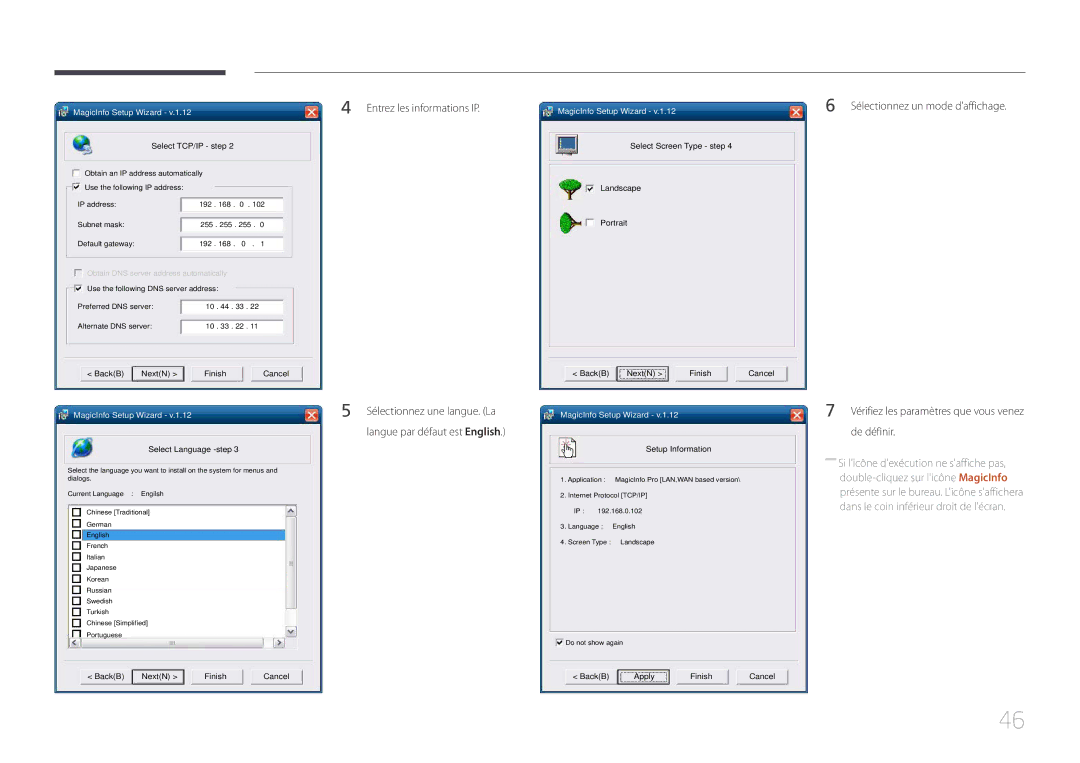 Samsung LH105QMDNC/EN manual Entrez les informations IP, Select TCP/IP step 