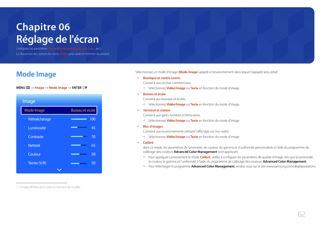 Samsung LH105QMDNC/EN manual Réglage de lécran, Menu m → Image → Mode Image → Enter E 