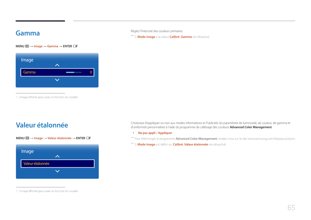 Samsung LH105QMDNC/EN manual Menu m → Image → Gamma → Enter E, Menu m → Image → Valeur étalonnée → Enter E 