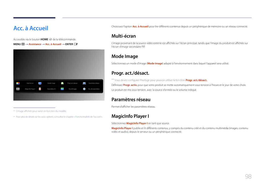 Samsung LH105QMDNC/EN manual Acc. à Accueil, Mode Image, Progr. act./désact, Paramètres réseau, MagicInfo Player 