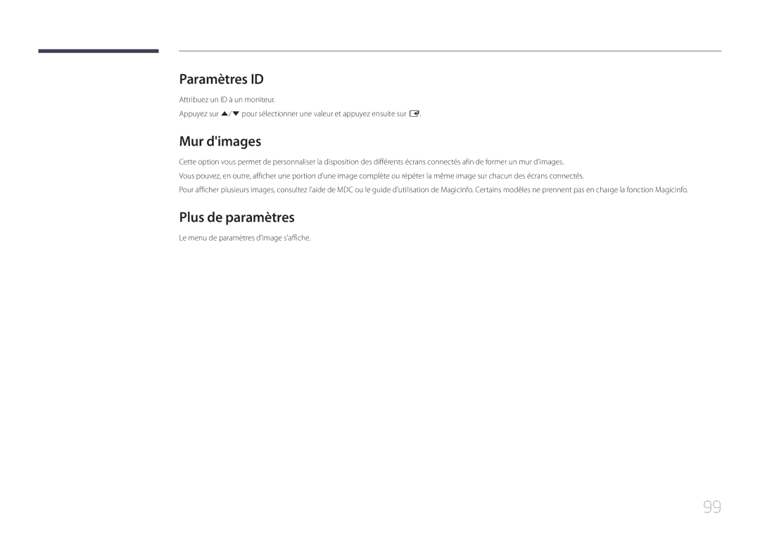 Samsung LH105QMDNC/EN manual Paramètres ID, Plus de paramètres 