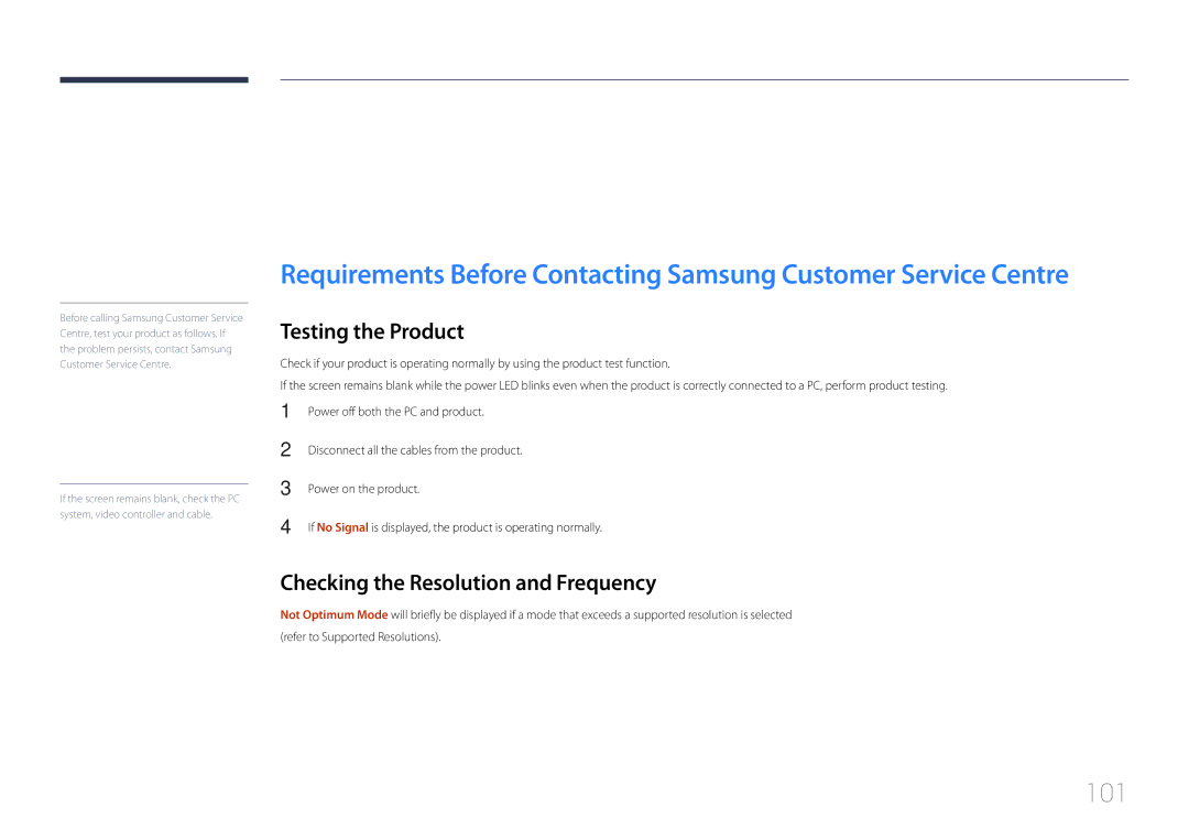 Samsung LH105QMDNC/EN manual Troubleshooting Guide, 101, Testing the Product, Checking the Resolution and Frequency 