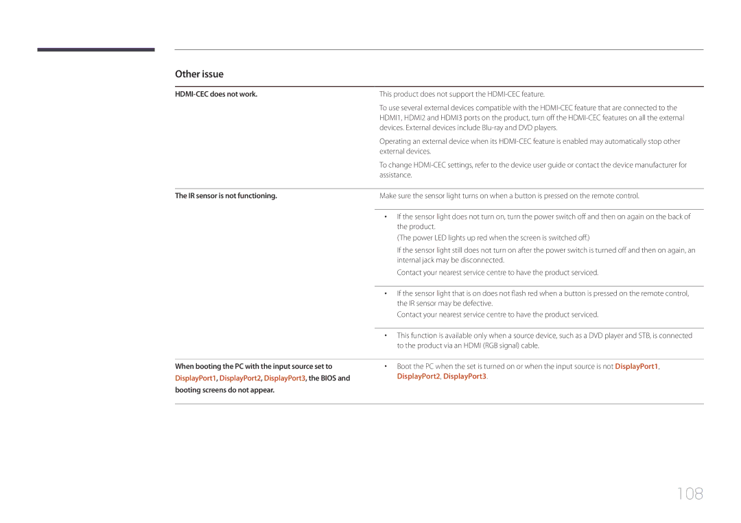 Samsung LH105QMDNC/EN manual 108, HDMI-CEC does not work, This product does not support the HDMI-CEC feature 