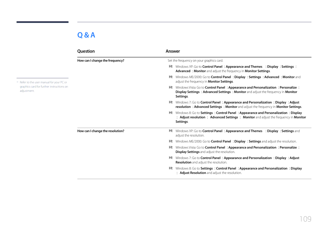 Samsung LH105QMDNC/EN 109, Question Answer, How can I change the frequency?, Settings, How can I change the resolution? 