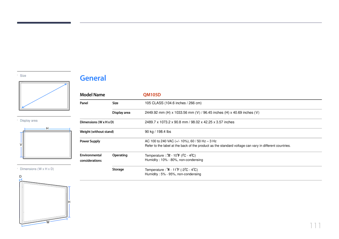 Samsung LH105QMDNC/EN manual Specifications, 111 