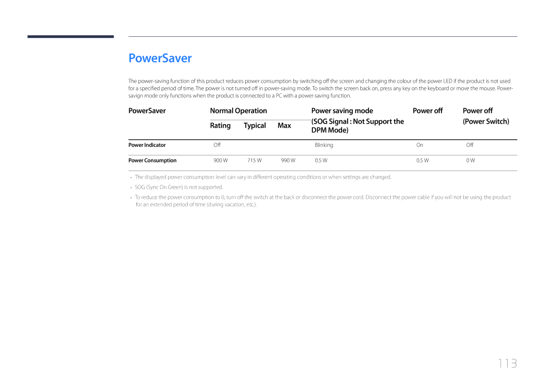 Samsung LH105QMDNC/EN manual 113, PowerSaver Normal Operation Power saving mode Power off, Rating, Max DPM Mode 