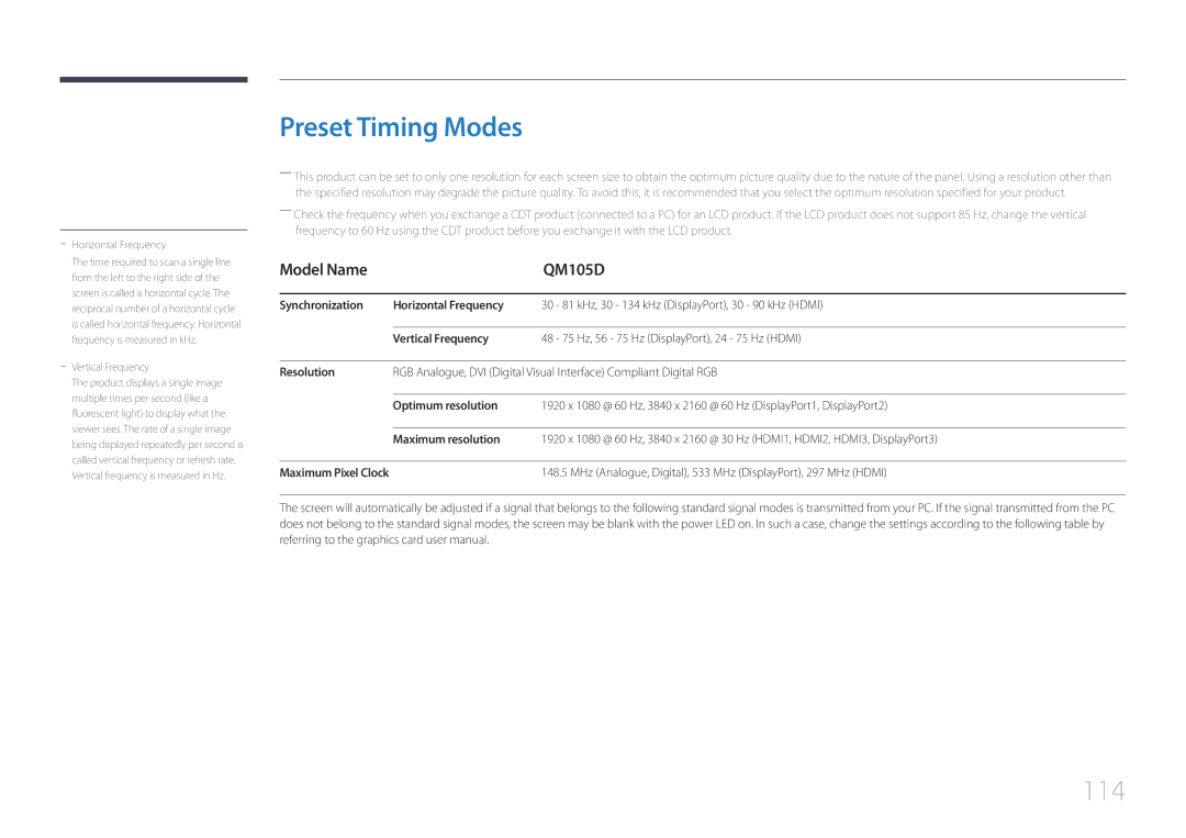 Samsung LH105QMDNC/EN manual Preset Timing Modes, 114, Model Name QM105D 