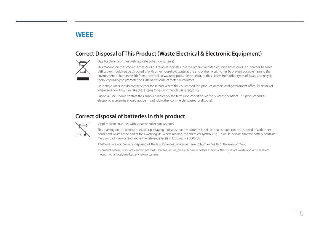 Samsung LH105QMDNC/EN manual 118, Correct disposal of batteries in this product 