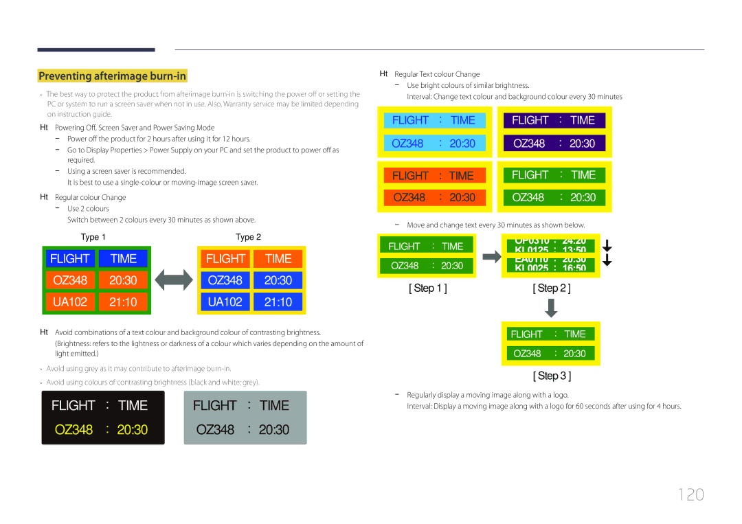 Samsung LH105QMDNC/EN manual 120, Preventing afterimage burn-in 