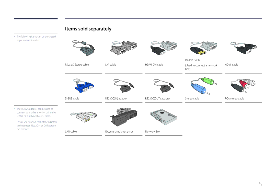 Samsung LH105QMDNC/EN manual Items sold separately, LAN cable External ambient sensor 