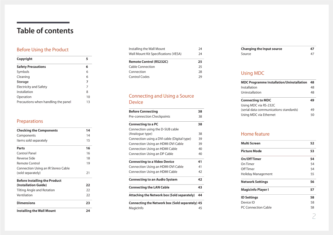 Samsung LH105QMDNC/EN manual Table of contents 