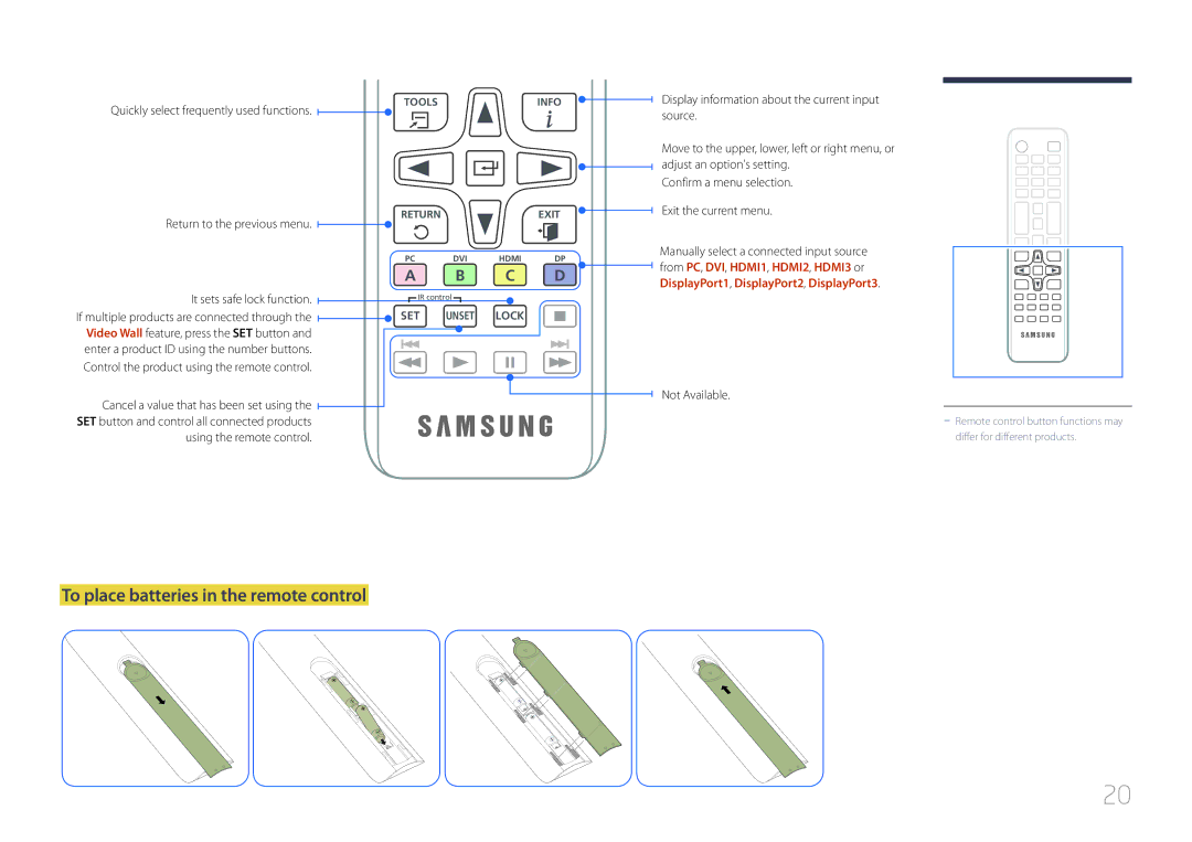 Samsung LH105QMDNC/EN manual To place batteries in the remote control, Quickly select frequently used functions 