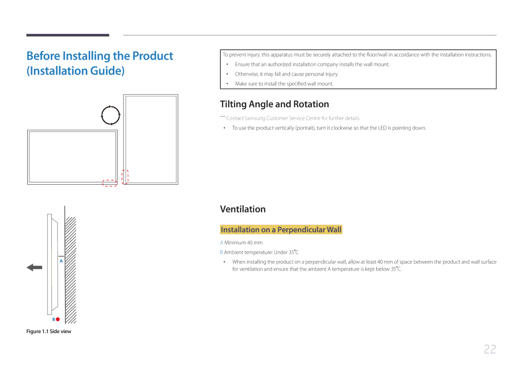 Samsung LH105QMDNC/EN manual Tilting Angle and Rotation, Ventilation, Installation on a Perpendicular Wall 