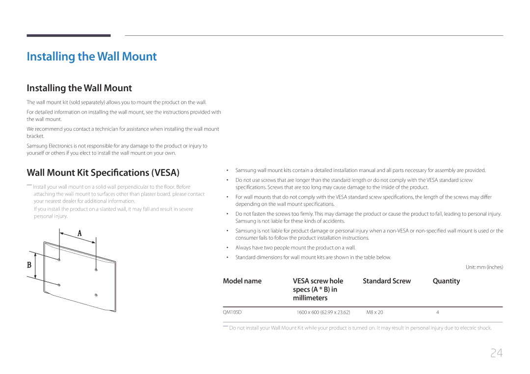 Samsung LH105QMDNC/EN manual Installing the Wall Mount, Wall Mount Kit Specifications Vesa 