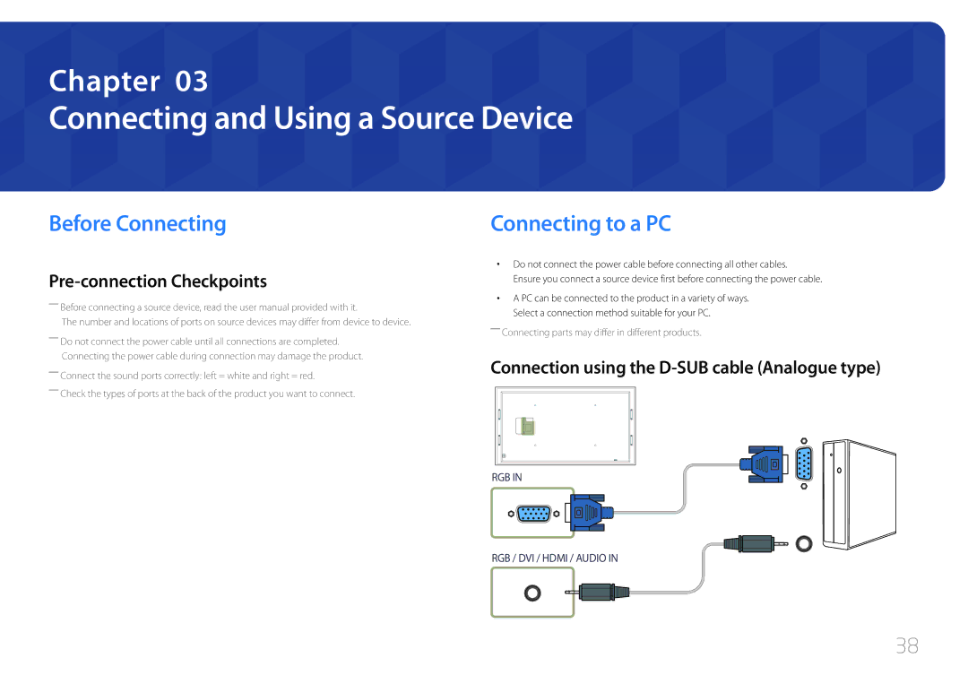 Samsung LH105QMDNC/EN manual Connecting and Using a Source Device, Before Connecting, Connecting to a PC 