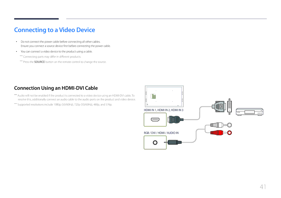 Samsung LH105QMDNC/EN manual Connecting to a Video Device 