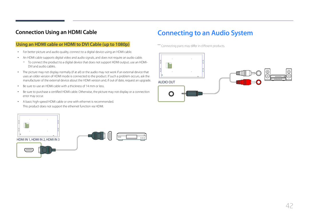 Samsung LH105QMDNC/EN manual Connecting to an Audio System, Using an Hdmi cable or Hdmi to DVI Cable up to 1080p 