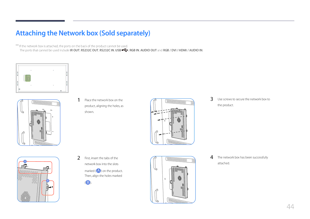 Samsung LH105QMDNC/EN manual Attaching the Network box Sold separately 