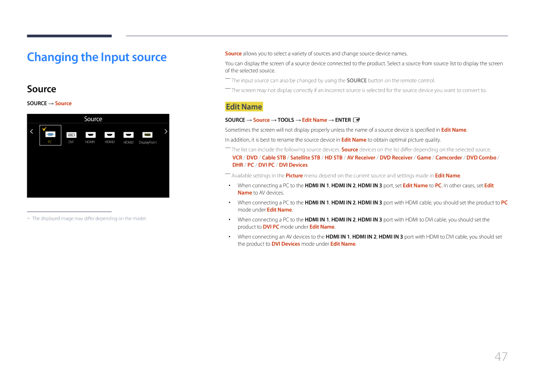 Samsung LH105QMDNC/EN manual Changing the Input source, Source, Edit Name 