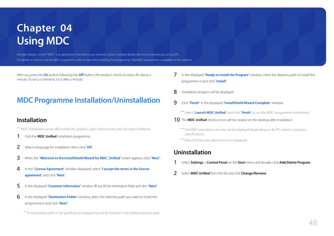 Samsung LH105QMDNC/EN manual Using MDC, Uninstallation 