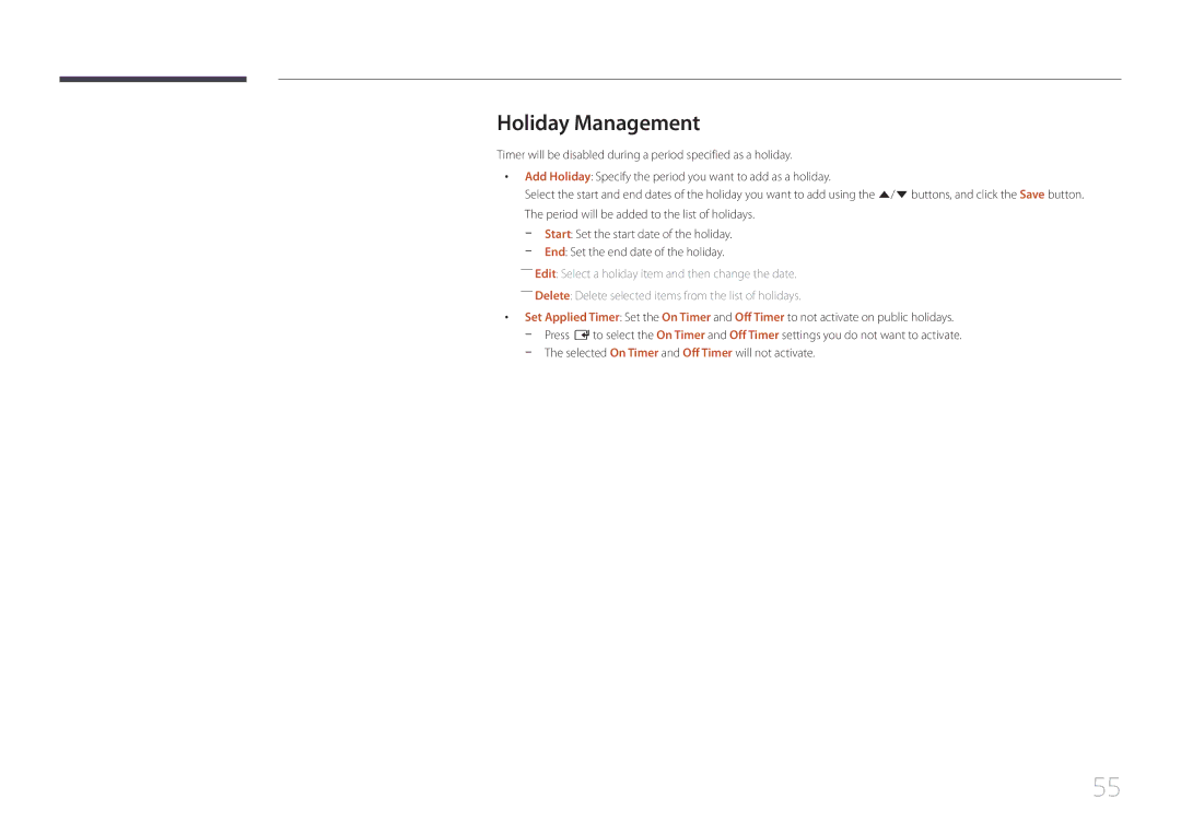 Samsung LH105QMDNC/EN manual Holiday Management 