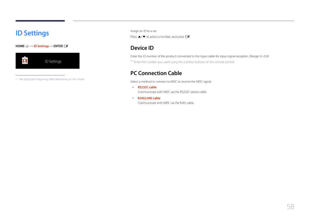 Samsung LH105QMDNC/EN manual ID Settings, Device ID, PC Connection Cable 