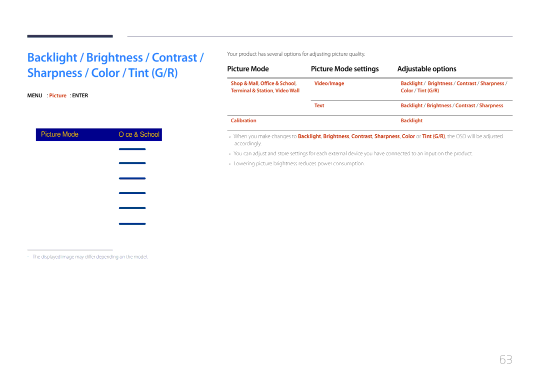 Samsung LH105QMDNC/EN manual Picture Mode Picture Mode settings Adjustable options, Menu m → Picture → Enter E 