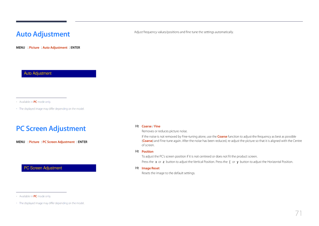 Samsung LH105QMDNC/EN manual Auto Adjustment, PC Screen Adjustment 