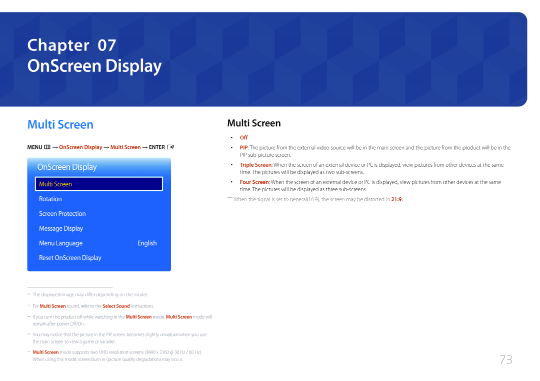 Samsung LH105QMDNC/EN manual OnScreen Display, Multi Screen, Rotation Screen Protection Message Display Menu Language 